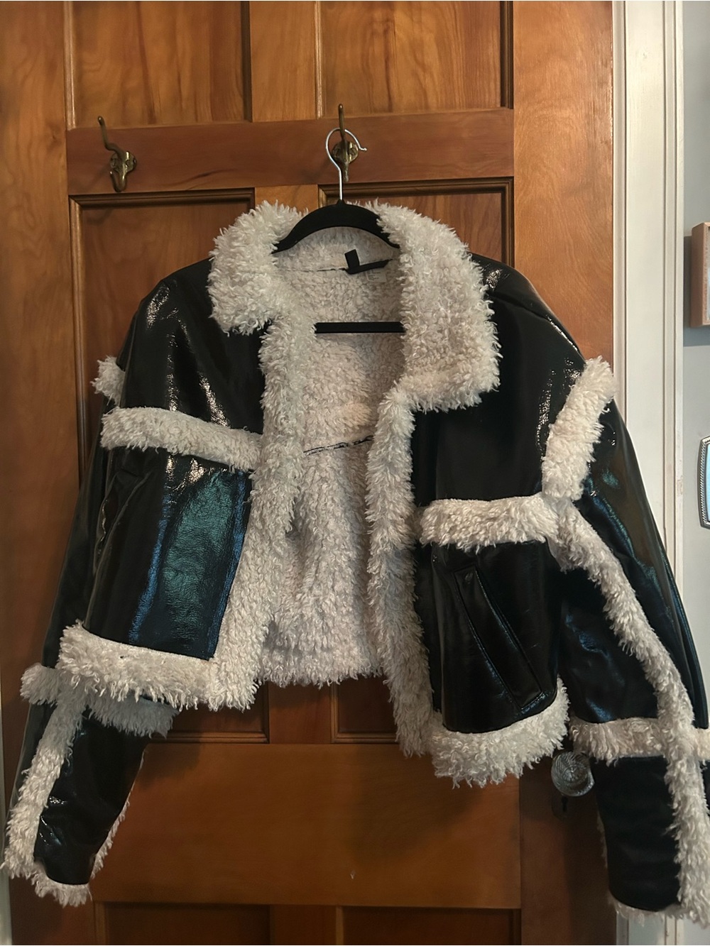 H&M Black Patent Teddy Jacket with White Faux-Shearling